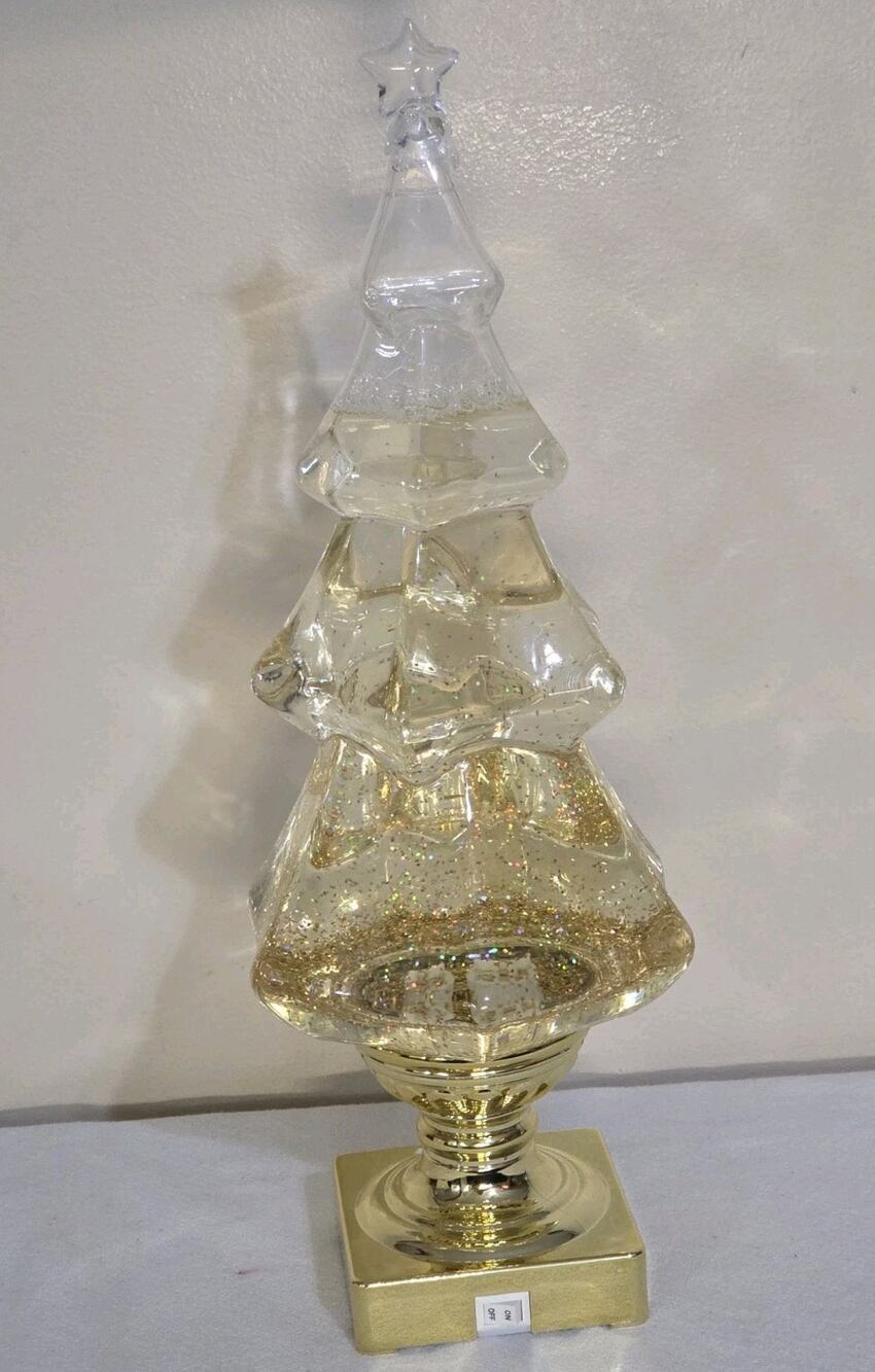 NAPCO 14" GOLD LIGHTED SWIRLING GLITTER TREE LANTERN Missing Some Water At Top